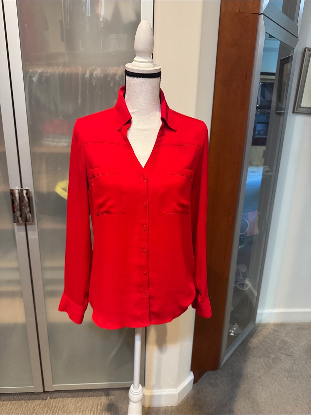 Express Bright Red Button-Down Blouse